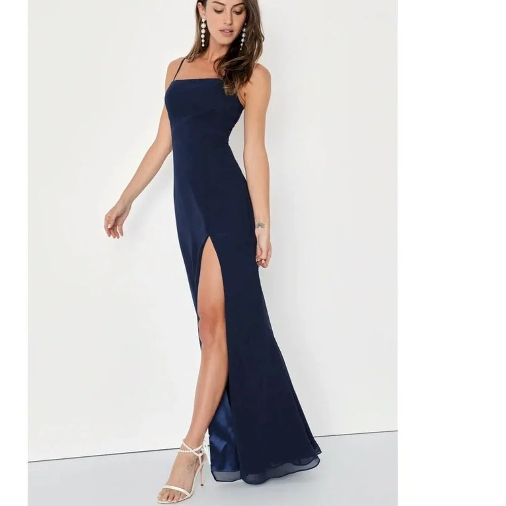 Lulus Feeling Elegant Navy Blue Lace-Up Slit Maxi Dress Size XS NWOT - Picture 5 of 9